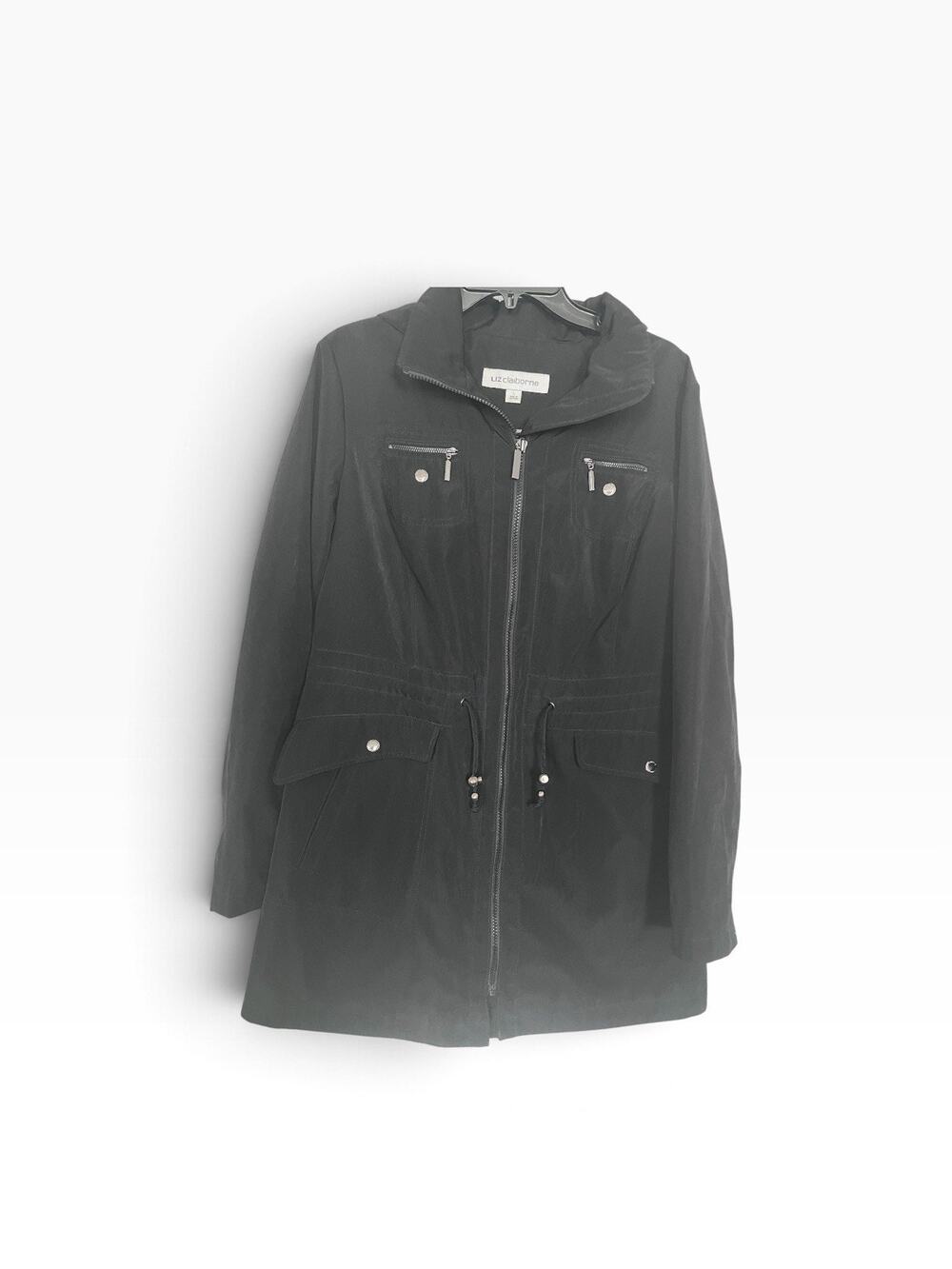 Liz Claiborne Women's Black Hooded Anorak Jacket Cinch Waist Size Large
